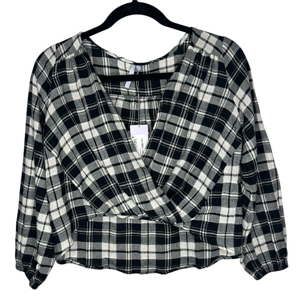 New! Good Luck Girl Check/Plaid Crop Long Sleeve Faux Wrap Women’s Blouse Sz M
